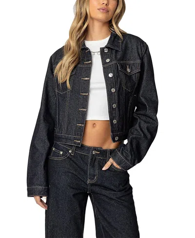 Edikted Barb Crop Denim Trucker Jacket In Indigo-blue-raw-wash