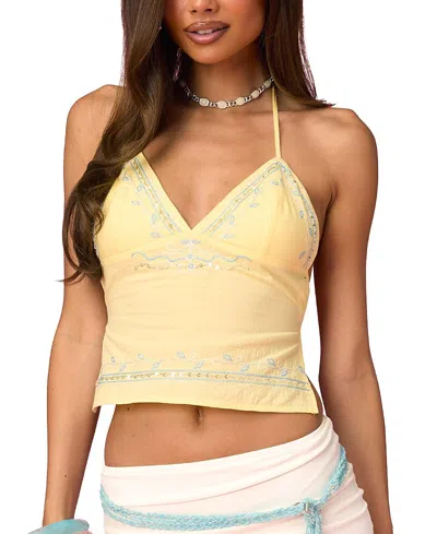 Edikted Barbie Embroidered Linen Look Backless Top In Yellow