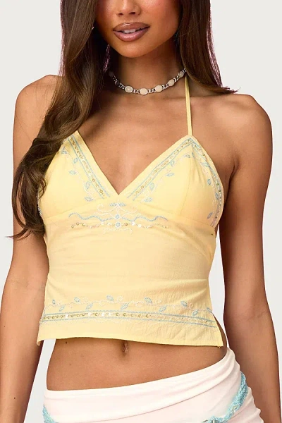 Edikted Barbie Embroidered Linen Look Backless Top In Light/yellow, Women's At Urban Outfitters