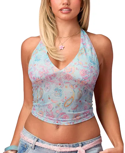 Edikted Barbie Fever Paisley Mesh Halter Top In Blue
