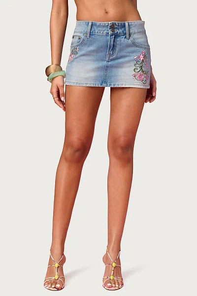 Edikted Barbie Floral Embroidered Denim Mini Skirt In Light/blue, Women's At Urban Outfitters