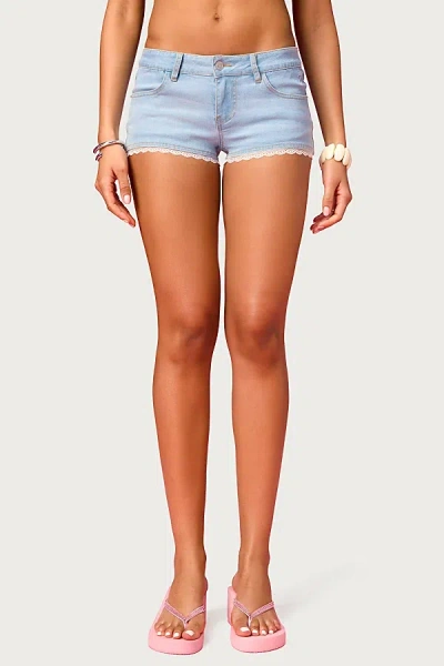 Edikted Barbie Lacey Low Rise Denim Micro Shorts In Light/blue/washed, Women's At Urban Outfitters
