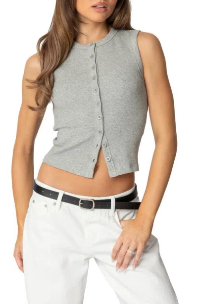 Edikted Basel Front Button Rib Crop Top In Gray-melange