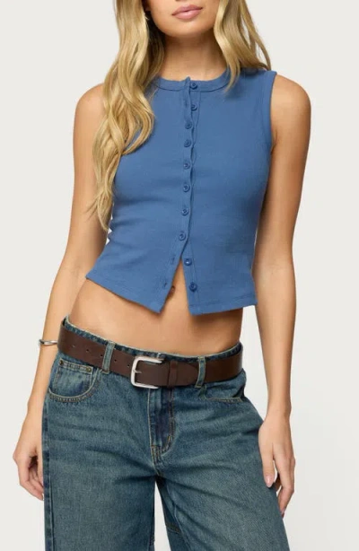 Edikted Basel Rib Button-up Crop Top In Blue