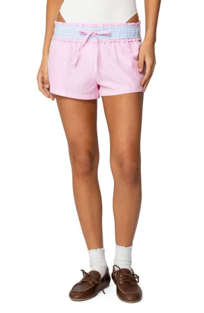 Edikted Baylee Stripe Seersucker Shorts In Light-pink