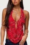 Edikted Beaded Cowl Neck Open Back Halter Top In Red