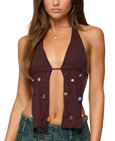EDIKTED BEADED DISTRESSED KNIT SPLIT FRONT TOP