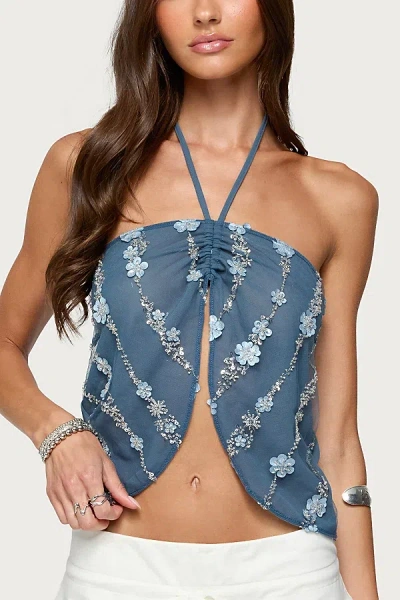 Edikted Beaded Floral Split Front Halter Top In Blue