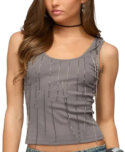 Edikted Beaded Fringe Ribbed Tank Top In Gray