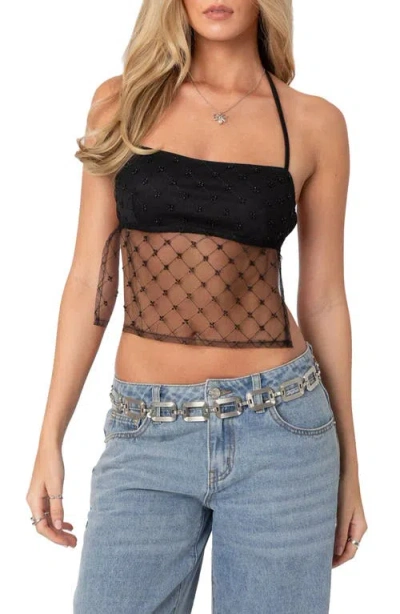 Edikted Beaded Open Back Sheer Mesh Halter Top In Black