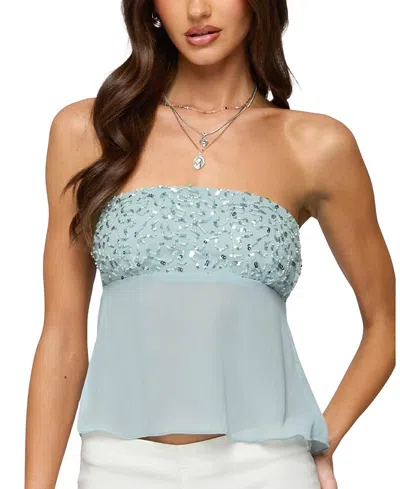Edikted Beadie Sheer Chiffon Strapless Top In Blue