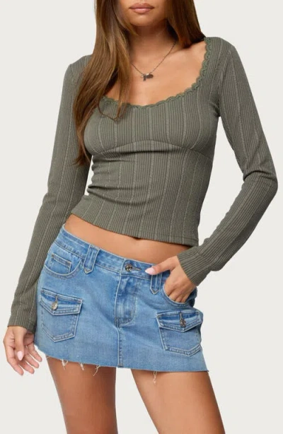 Edikted Beatrix Lace Trim Rib Long Sleeve Top In Green