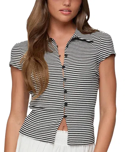Edikted Beau Striped Ribbed Button Up Top In Black