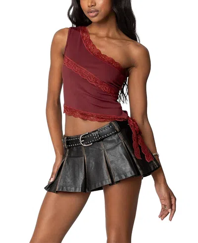 Edikted Becky Lacey One Shoulder Top In Burgundy