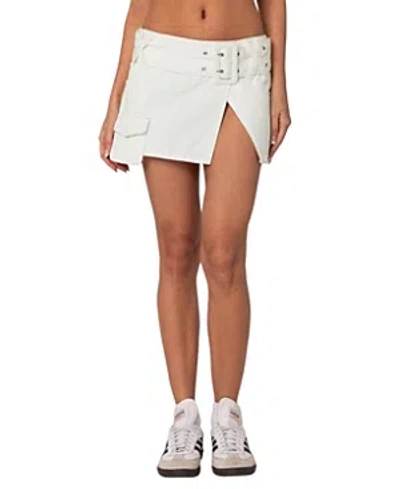 Edikted Belted Denim Wrap Mini Skirt In White