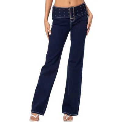 Edikted Belted Flare Jeans In Indigo-blue-raw-wash