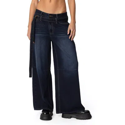 Edikted Belted Low Rise Super Baggy Jeans In Indigo-blue-raw-wash