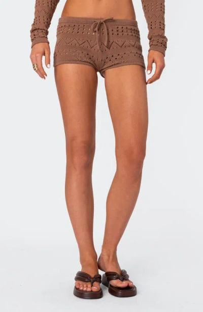 Edikted Betsy Open Stitch Tie Front Sweater Shorts In Brown