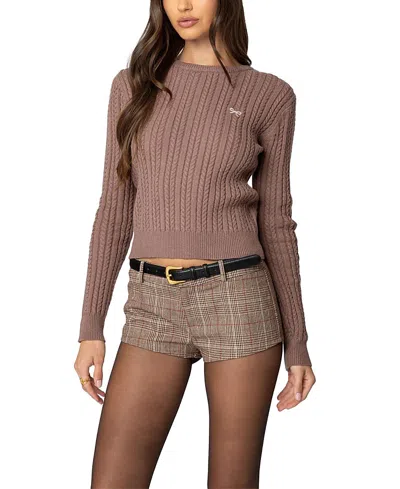 Edikted Beverly Bow Cable Stitch Sweater In Brown