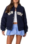 Edikted Big Apple Oversized Bomber Jacket In Navy