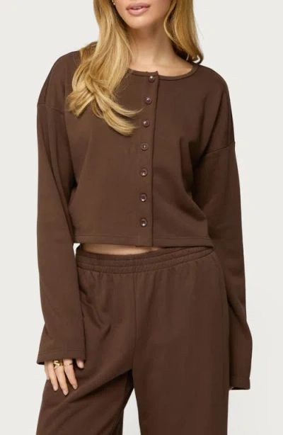 Edikted Binah French Terry Crop Cardigan In Brown