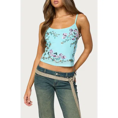 Edikted Blair Floral Beaded Mesh Camisole In Blue