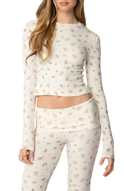Edikted Bloom Print Long Sleeve T-shirt In Cream