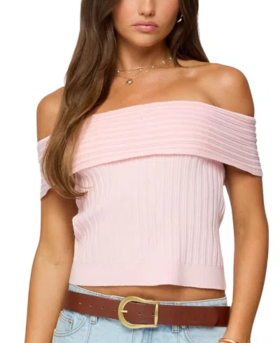 Edikted Blythe Foldover Off The Shoulder Rib Top In Pink