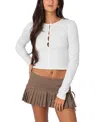 Edikted Pointelle Stitch Keyhole Cutout Long Sleeve Top In White