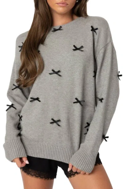 Edikted Satin Bow Oversized Sweater In Gray Melange