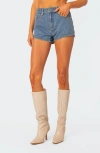 Edikted Bow Pocket High Waist Denim Shorts In Blue-washed