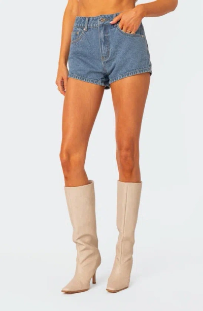 Edikted Bow Pocket High Waist Denim Shorts In Blue-washed