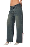 Edikted Bow Slit Hem Wide Leg Jeans In Blue-washed