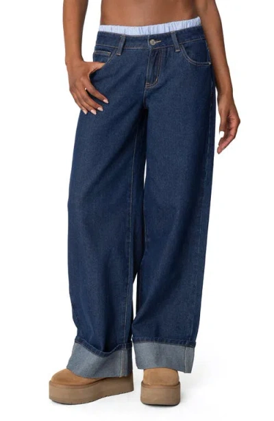 Edikted Boxer Detail Low Rise Cuffed Wide Leg Jeans In Blue