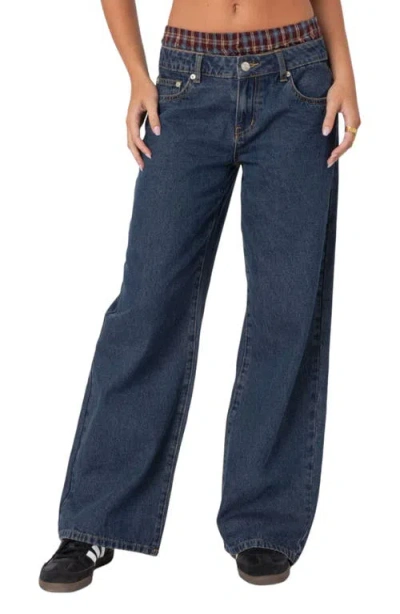 Edikted Plaid Boxer Detail Wide Leg Jeans In Blue