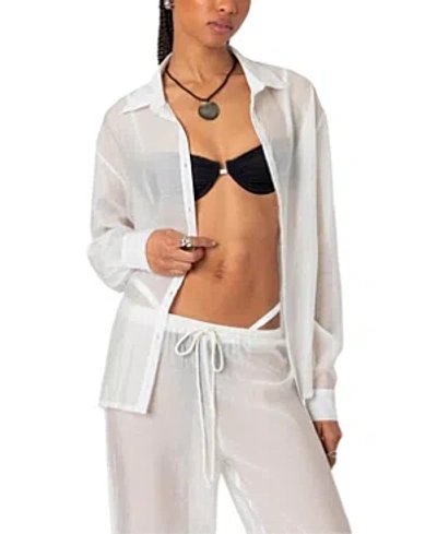 Edikted Breezy Oversized Sheer Button Up Shirt In White