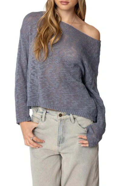 Edikted Bri One-shoulder Open Stitch Sweater In Blue