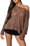 Edikted Bri One-shoulder Open Stitch Sweater In Brown