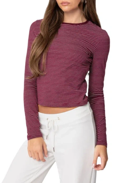 Edikted Brianna Stripe Stretch Cotton T-shirt In Burgundy