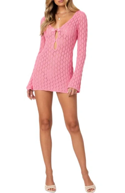 Edikted Brie Cutout Long Sleeve Crochet Cover-up Minidress In Pink