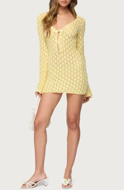 Edikted Brie Open Stitch Long Sleeve Mini Sweater Dress In Yellow