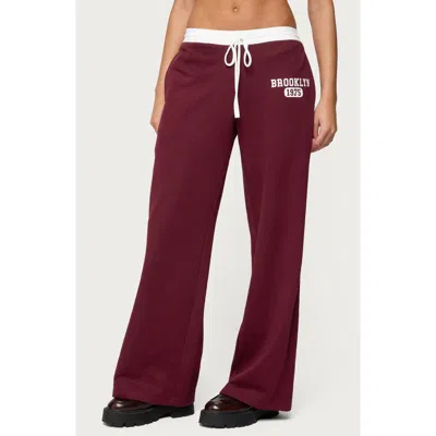 Edikted Brookie Contrast Waist Logo Wide Leg Sweatpants In Burgundy