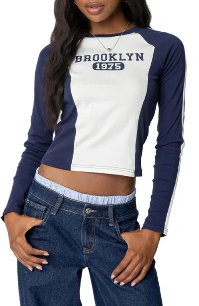 Edikted Brooklyn Graphic Long Sleeve Stretch Cotton T-shirt In Navy