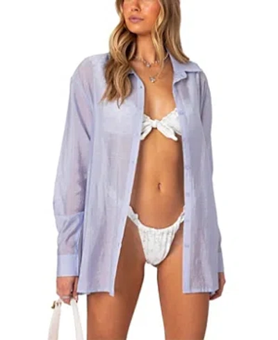 Edikted Bryce Oversized Sheer Button Up Shirt In Blue