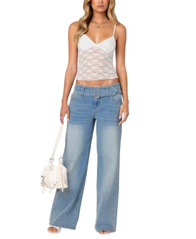 Edikted Belted Relaxed Wide Leg Jeans In Blue-washed