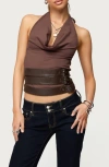 Edikted Buckle Halter Neck Open Back Crop Top In Brown