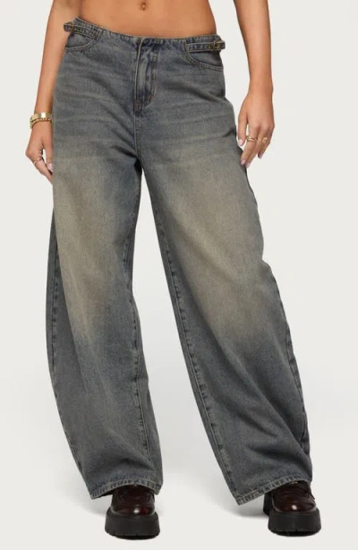 Edikted Buckle Tab Low Rise Barrel Leg Jeans In Gray