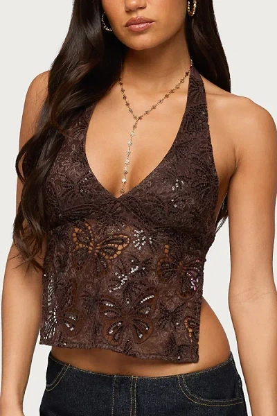 Edikted Butterfly Sequin Open Back Halter Top In Brown
