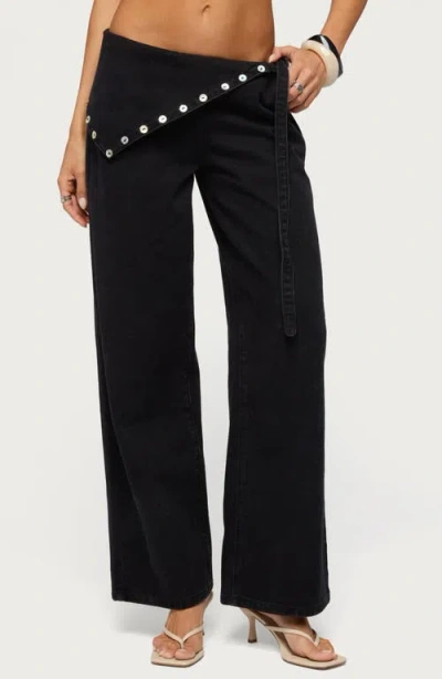 Edikted Button Foldover Low Rise Wide Leg Jeans In Black