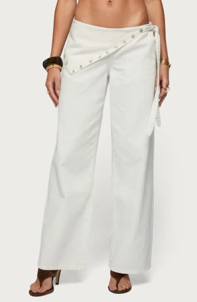 Edikted Button Foldover Low Rise Wide Leg Jeans In White